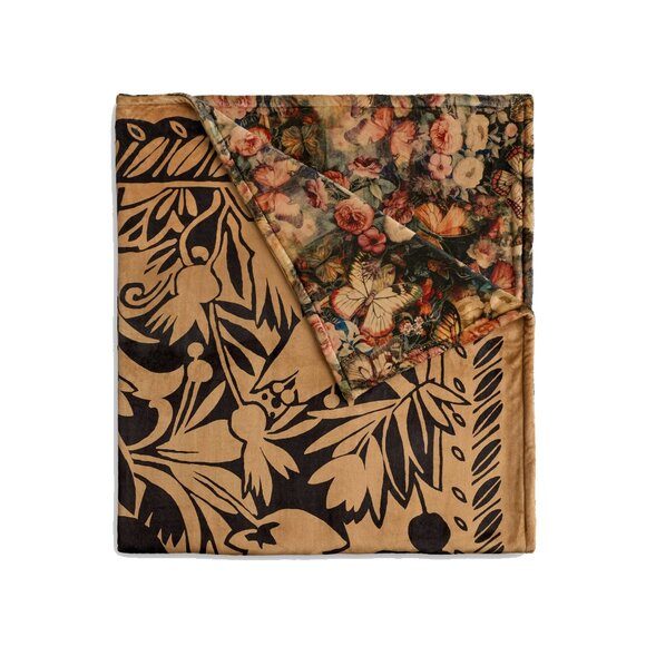Johnny Was Laurel Canyon Lola Cozy Blanket Reversible Floral Gold Black Home NEW - Picture 1 of 6